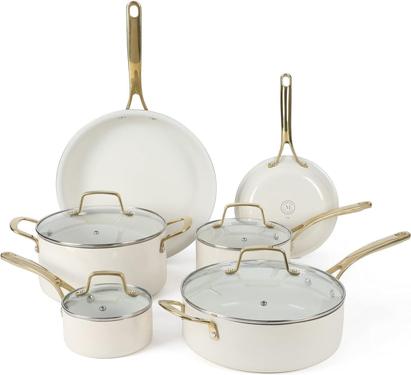 Lockton Premium Non Stick Non Toxic PFA Free Ceramic Interior 10 Piece Heavy Gauge Enamel Aluminum Pots and Pans Cookware Set - Linen White W/Gold Handle1