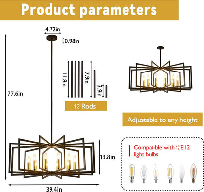 Black Chandelier for Dining Room,12-Light Large Dining Room Light Fixture Modern Geometric Metal Hanging Industrial Chandeliers for Entryway Kitchen Island Foyer Farmhouse Chandeliers (Black Gold)3