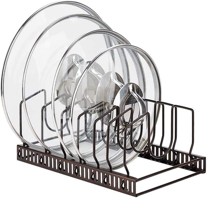 Pot Lids Organizer Rack for Cabinet and Countertop, 7+ Pan Lids and Bakeware Organizer Rack Holder with 7 Adjustable Compartments - Brown1