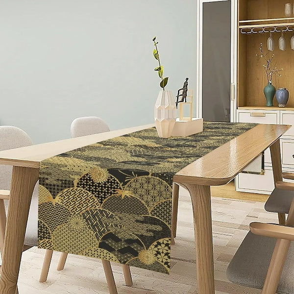 Japanese Table Runner,Gold Vintage Traditional Oriental Geometric Line Chinese Style Table Runner for Home Party Kitchen Dining Table Wedding Decor 13X90In2
