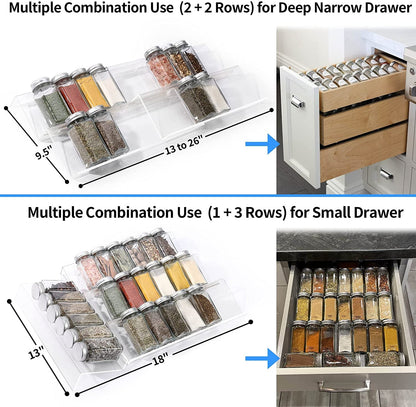 Clear Acrylic Spice Drawer Organizer, 4 Tier- 2 Set Expandable from 13" to 26" Drawer Seasoning Organizer, Kitchen Spice Rack Tray for Drawer/Countertop (Jars Not Included)5