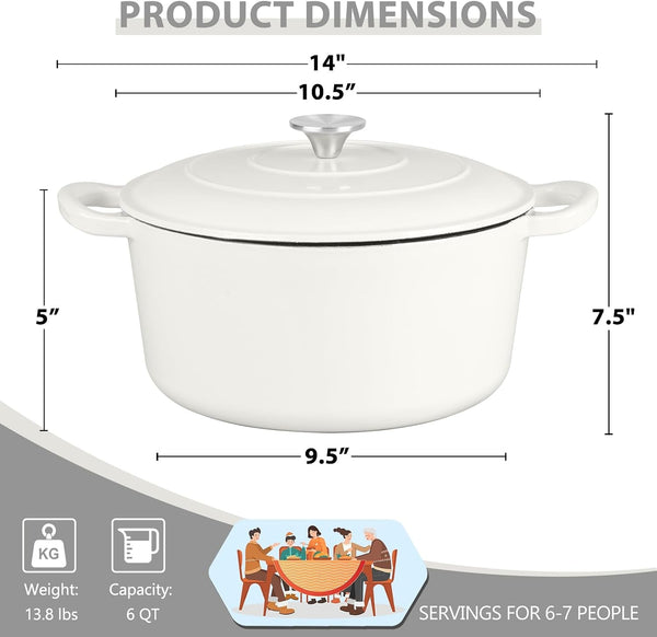 6 Quart Dutch Oven, Enameled Cast Iron Dutch Oven Pot with Lid, Nonstick round Cookware for Braising/Stews/Roasting/Bread Baking/Cooking, Heavy Duty, Induction & Oven Safe - White2