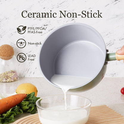 Ceramic Nonstick Sauce Pan with Lid, 2 Quart Cooking Pot, Small Saucepan with Steamer, PTFE& Pfas-Free, Wooden Handle for Cool Touch, Universal Base(Gas, Electric & Induction), Green2