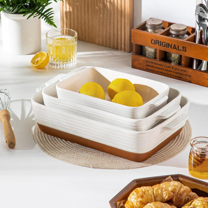 Casserole Dishes for Oven, Ceramic Baking Dishes Set of 3, Baking Pan Casserole Dish Set, Rectangular Lasagna Pan Deep with Handles for Baking, Khaki White (14.5''/13''/10.5''), Series TARA9