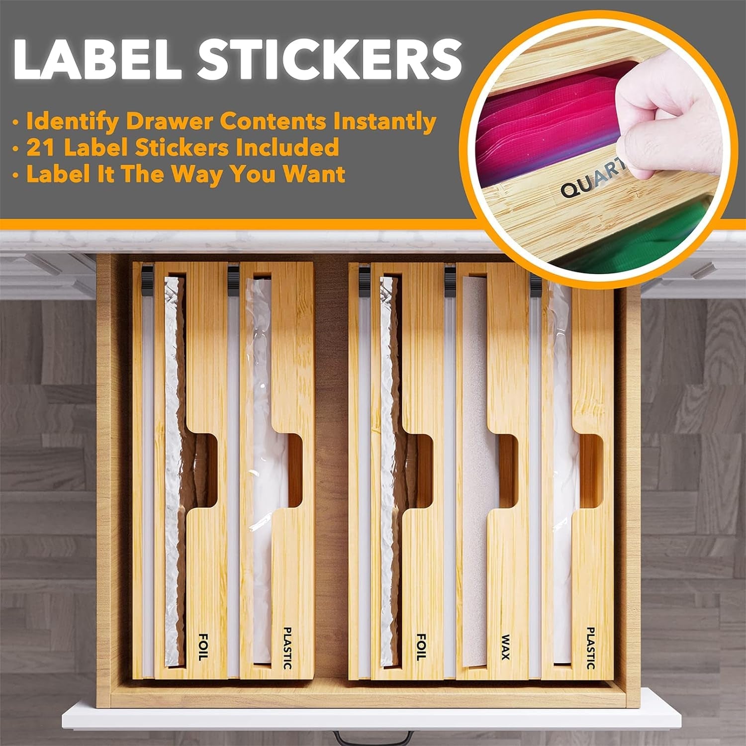 wrapneat-3-in-1-wrap-organizer-with-cutter-and-labels-plastic-wrap-aluminum-foil-and-wax-bamboo-dispenser-for-kitchen-storage-organization-holder-for-12-roll-natural
