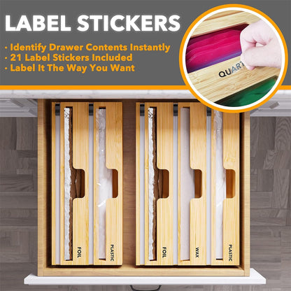 Wrapneat 3 in 1 Wrap Organizer with Cutter and Labels, Plastic Wrap, Aluminum Foil and Wax Bamboo Dispenser for Kitchen Storage Organization Holder for 12" Roll (Natural)3
