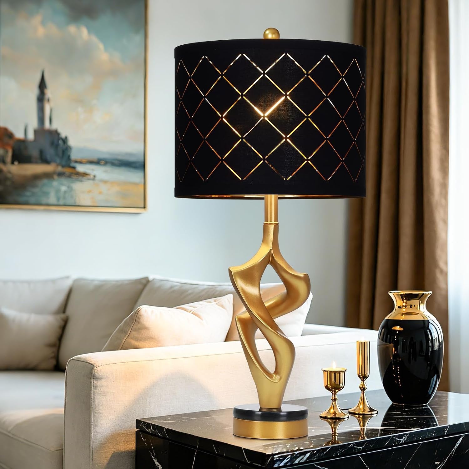 29-tall-black-and-gold-table-lamp-for-living-room-3-color-temperatures-bedside-lamp-for-bedroom-nightstand-modern-sculptural-resin-lamp-with-grid-shade-1-led-bulb-included