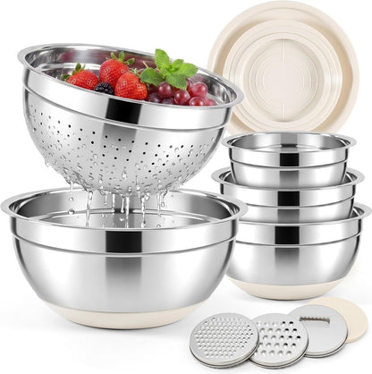 Mixing Bowls with Airtight Lids Set, Stainless Steel Salad Bowls with Non-Slip Silicone Bottoms, 8PCS Nesting Kitchen Bowls with Colander,Grater Attachments, for Mixing Cooking Prep1