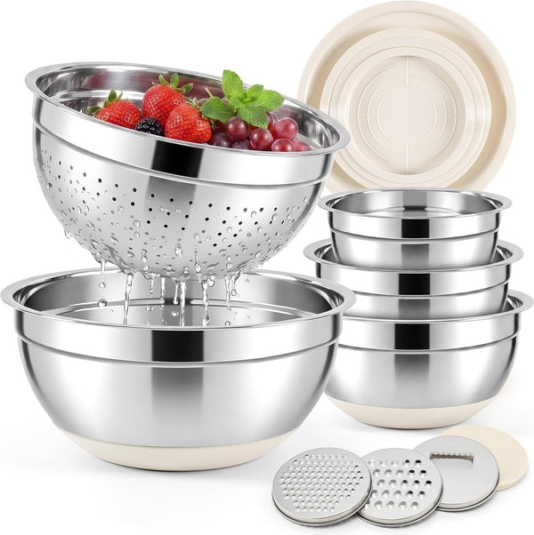 Mixing Bowls with Airtight Lids Set, Stainless Steel Salad Bowls with Non-Slip Silicone Bottoms, 8PCS Nesting Kitchen Bowls with Colander,Grater Attachments, for Mixing Cooking Prep1
