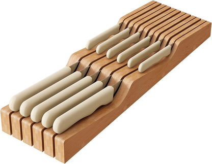 In-Drawer Knife Block Organizer - Bamboo Wood Drawer Knife Organizer-Protecting Knife Organizer Block (Not Included) (Natural, 11 Knives Dock)1