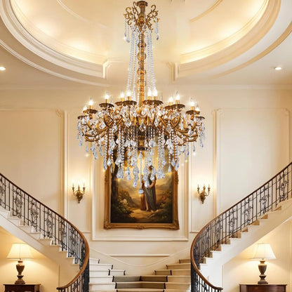 24-Light Antique Gold Crystal Chandelier, Extra Large Luxury Candle Chandelier Lighting Fixture for High Ceiling Foyer, Grand Entryway Living Room, Oversized D39 H642