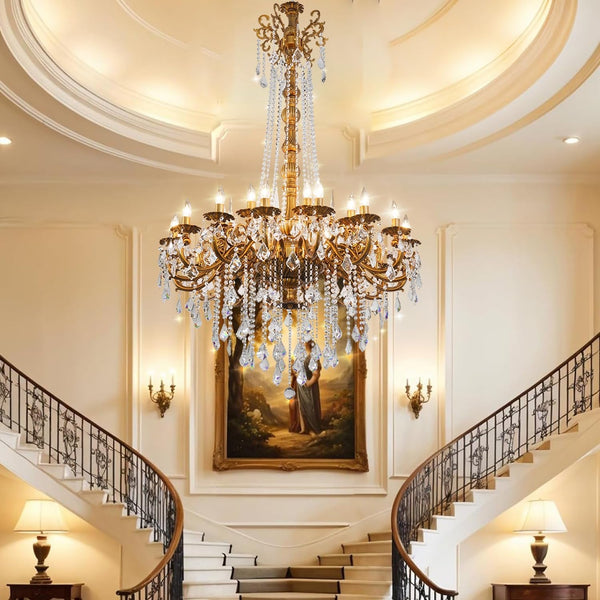 24-Light Antique Gold Crystal Chandelier, Extra Large Luxury Candle Chandelier Lighting Fixture for High Ceiling Foyer, Grand Entryway Living Room, Oversized D39 H642