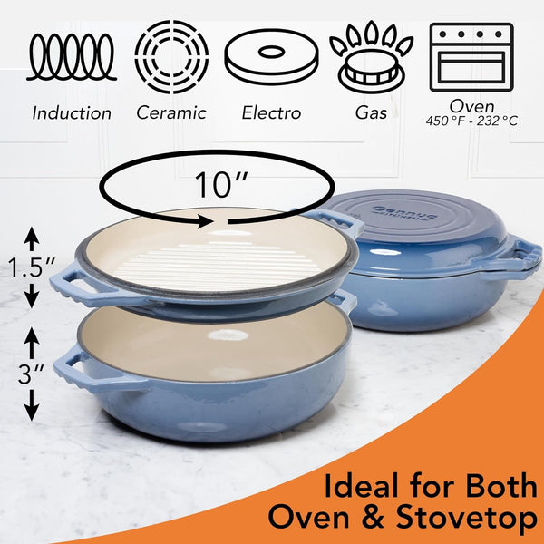 2-In-1 Enameled Cast Iron Braiser Pan with Grill Lid - 3.3-Quart Small Dutch Oven, Serves as Both Casserole & Stovetop Grill Pan, Cast Iron Cookware5