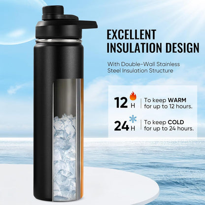 Insulated Water Bottle with Handle, 304 Stainless Steel Water Bottles with Wide Mouth, Double Wall Vacuum Sports Water Bottle, BPA Free, Keep Cold and Hot, 24 Ounces, Black2