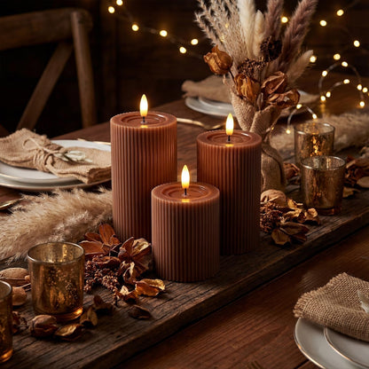 Fluted Ribbed LED Pillar Candles, Brown, with Reflective Melted-Wax Effect – Flickering Flame, Remote, Dimmable, Flameless, Battery Operated, Home & Wedding Decor (Set of 3)6