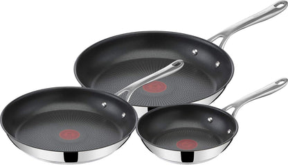 X Jamie Oliver Nonstick Coated Stainless Steel Pans 8", 9.5" & 11", Frypan Set Induction Compatible, Oven Safe up to 500°F, Chef'S Stainless Steel Skillet, Frying Pan, Silver | 3 Frying Pans 7.9/9.4/11 Inch, Titanium Non-Stick Coating, Suitable for Induction, Thermo-Signal, Riveted Handle1