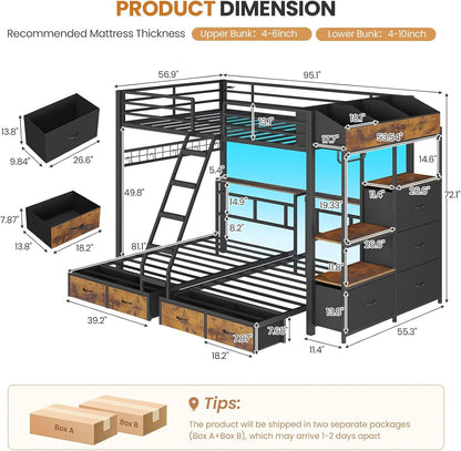 Triple Bunk Bed with 8 Storage Drawers,Charging Station and LED Lights Full over Twin Bunk Beds with Storage Headboard,Shelves & Boxes,Metal Bunk Beds for 3 with Safe Guardrail and Stair,Black2