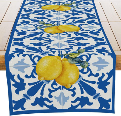 Italy Blue Tiles Runner Decorative, Italian Lemons Summer Table Runner Decorations for Dining Room Kitchen Dresser Decor for Party Holiday, Housewarming Gifts for Women Couple New Home, 13X72 Inches1