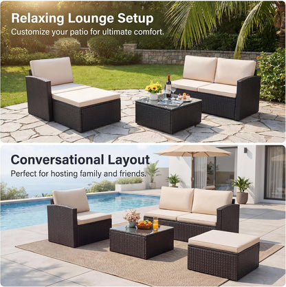 Patio Sofa,4 Pieces Outdoor Furniture Set,Wicker Sectional Couch6