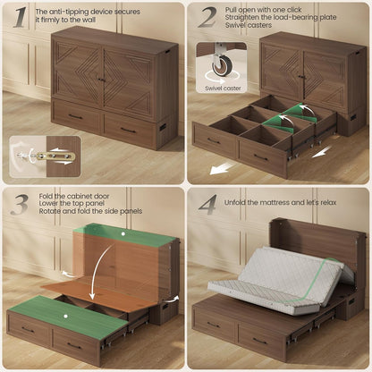 Queen Murphy Bed Cabinet with Storage Drawer & Charging Station8