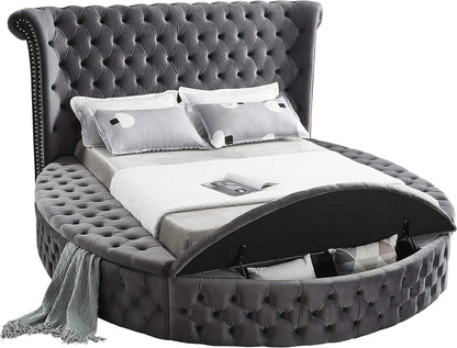 Meridian Furniture Luxus Collection Modern Contemporary round Shaped Velvet Upholstered Bed with Deep Button Tufting and Footboard Storage, King, Grey4