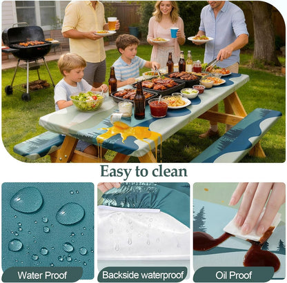Picnic Table Cover Bench Covers Camping Essentials Tablecloth | Waterproof Vinyl for Outdoor, Windproof Elastic Fitted Edges, RV BBQ Accessories Must Haves, Storage Bag Included4