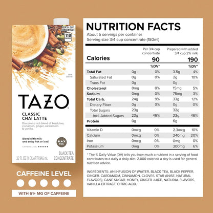 TAZO Classic Chai Latte Concentrate, 32 Oz Carton | Premium Caffeinated Black Tea with Cinnamon, Ginger, Cardamom and Vanilla Spices for Hot or Iced Chai Tea Lattes2