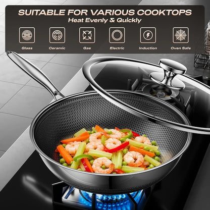 Wok,Hybrid 12-Inch Wok with Lid,Nonstick Stainless Steel Woks & Stir-Fry Pans,Dishwasher-Friendly,Pfas PFOA PTFE Free, Oven-Safe up to 600°F,Compatible with All Cooktops5