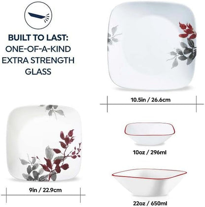 Kyoto Leaves 16Pc, Service for 4, Dinnerware Set, 8 Plates Bowls, Chip & Break Resistant, Dinner and ware White4