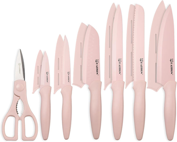 Kitchen Knife Set, 13 PCS Pink Non-Stick Knives with 6 Blade Guards1