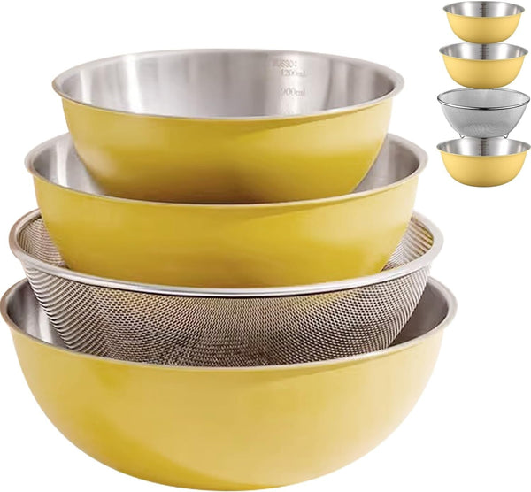 Stainless Steel Mixing Bowls and Colander Set Mixing Bowls with Scale Salad Bowl with Colander Fine Mesh Strainer Basket Baking Bowl Set Cooking Scale Bowl for Kitchen Decoration Yellow1