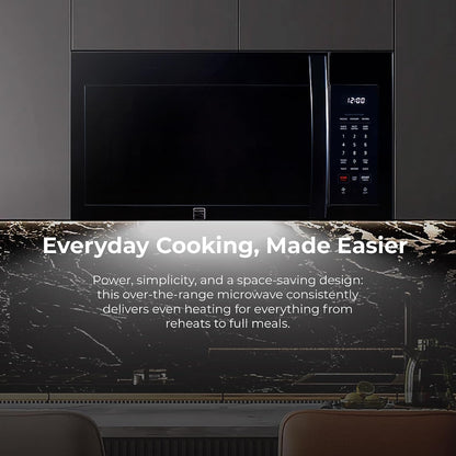 Over-The-Range Microwave – 1.7 Cu. Ft. Capacity, Black | 1000 Watts, 300 CFM Vent Fan, 12.4" Glass Cooking Tray, Preset Cooking Controls, Child Lock, LED Lighting3