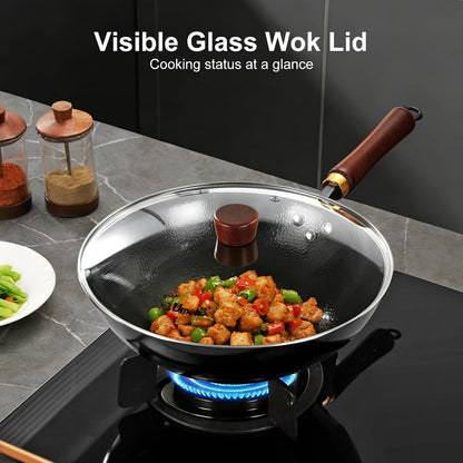 Carbon Steel Wok Pan, 13.4-Inch Nonstick Pre-Seasoned Woks & Stir-Fry Pans with Glass Lid, No Chemical Coated Wok round Bottom Hand Hammered Chinese Wok for Gas Stoves6