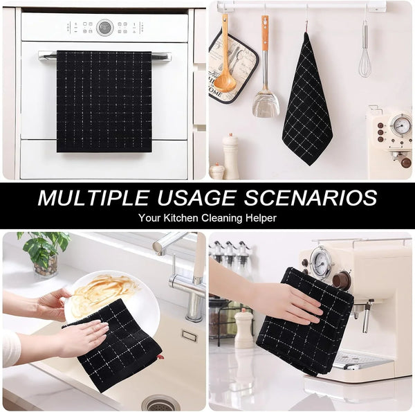 Kitchen Towels and Dishcloths Set, Set of 8, Black | Bulk Cotton Terry Kitchen Towels, Checkered Designed, Soft and Super Absorbent Dish Towels, 12 X 12 and 13 X 28 Inches5