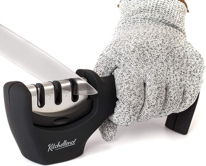4-In-1 Kitchen Knife Accessories: 3-Stage Knife Sharpener Helps Repair, Restore, Polish Blades and Cut-Resistant Glove (Black)1