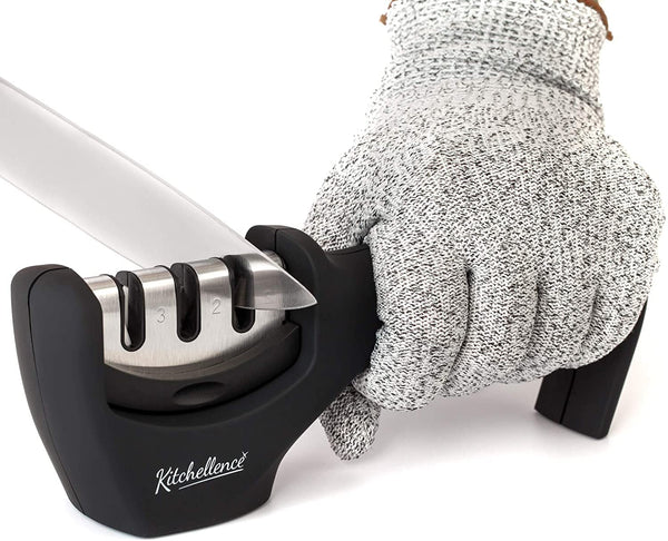 4-In-1 Kitchen Knife Accessories: 3-Stage Knife Sharpener Helps Repair, Restore, Polish Blades and Cut-Resistant Glove (Black)1
