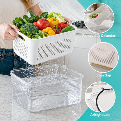 4 Pack Fruit Storage Containers for Fridge Set, Produce Containers for Fridge with Strainer, Plastic Reusable Fridge Organizers and Storage for Berry Salad Lettuce, Size 3.4, 1.8, 0.9, 0.4QT2