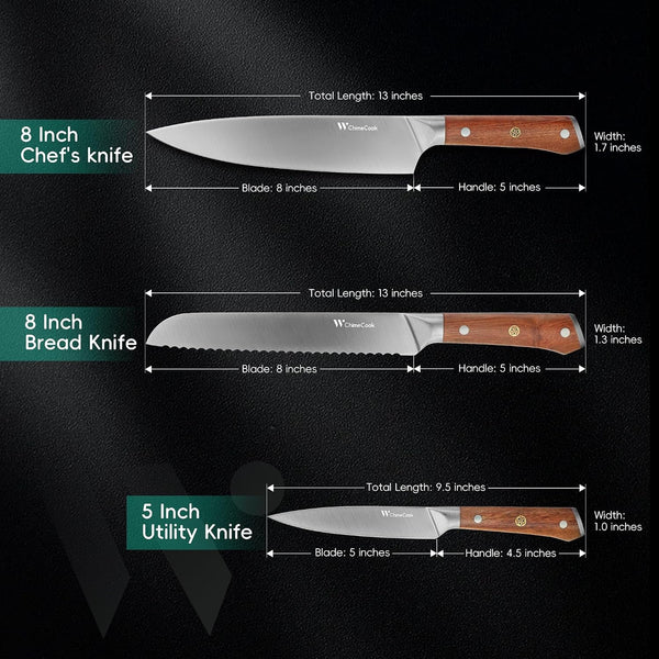 3-Piece Natural Rosewood Handle Kitchen Knife Set W/Bread Knife | Luxury Chef/Bread/Utility Knife Set, Razor-Sharp 5Cr15Mov Steel Blades, Premium Rosewood Handles, Ergonomic Non-Slip Grip3