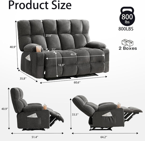 Oversized Loveseat Recliner Sofa, Double Recliner, Big Large Reclining Sofa with Cup Holders & Side Pockets, Traditional 2-Seater Manual Recliner Couch for Living Room, RV, Home Theater (Fabric,Grey)2