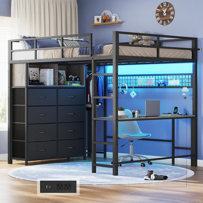 Loft Bed Full Size with Desk and 8 Storage Drawers, Grey1