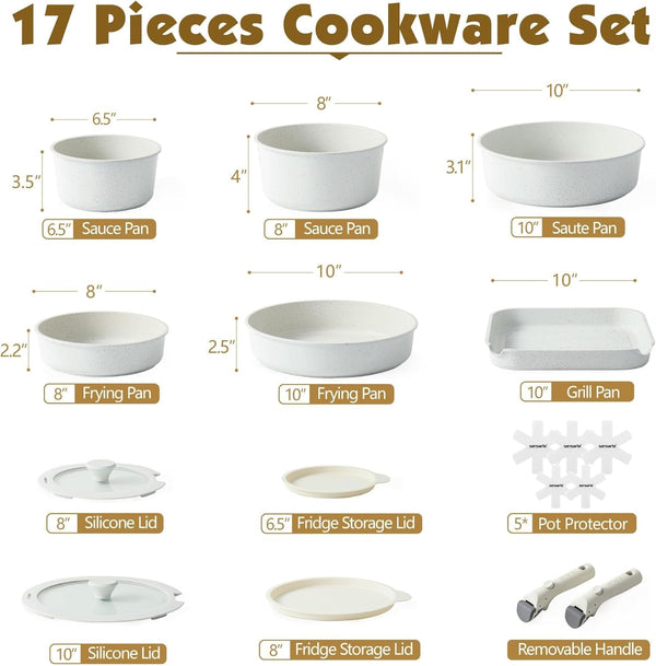 17 Piece Nonstick Detachable Handle Pots and Pans Set White | Removable Handle Cookware Set, Induction Cookware Set with Removable Handle, Healthy Non Stick for RV, Dishwasher ＆ Oven Safe2