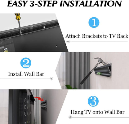 No Stud TV Wall Mount, Drywall Studless TV Hanger No Damage, No Drill, Non Screws, Dry Wall Flat Screen Tvs Easy Install Bar Bracket Fits VESA 12-55 Inch Tvs up to 99 Lbs, Include Hardware Levels4