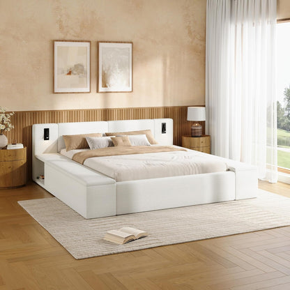 Bouclé Upholstered Platform Bed with Headboard, Hidden Storage,White4