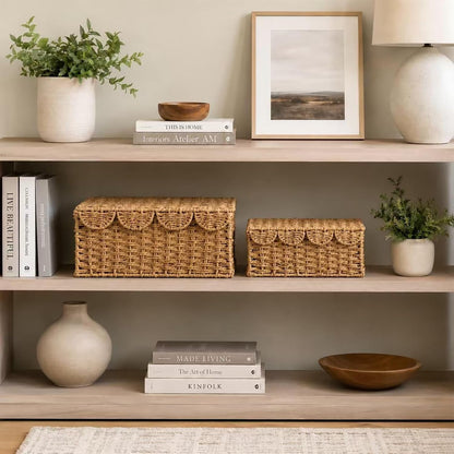 Set of 2 Scalloped Wicker Basket with Lid, Paper Rope Baskets for Shelves3