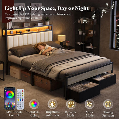 Queen Bed Frame with LED Lights & 2-Tier Storage Headboard3
