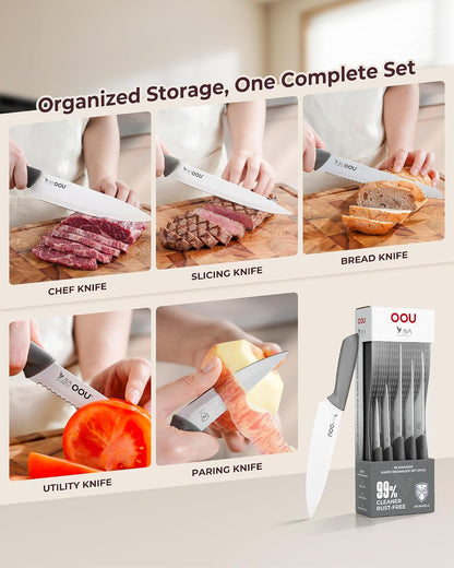 In-Drawer Kitchen Knife Set, Space-Saving Cutlery and Kitchen Organizer, Includes Chef, Bread, Santoku, Utility and Paring Knives, 6-Piece Knives Sets, Gray6