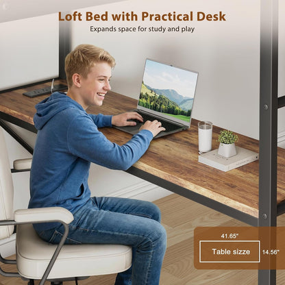Twin Loft Bed with Desk and 8 Storage Drawers, Metal Loft Bed Twin Size with LED Lights & Charging Station, Bed Frame with Hanging Rod, Safety Guardrail & Ladder, for Kids & Teens (Rustic Brown)3