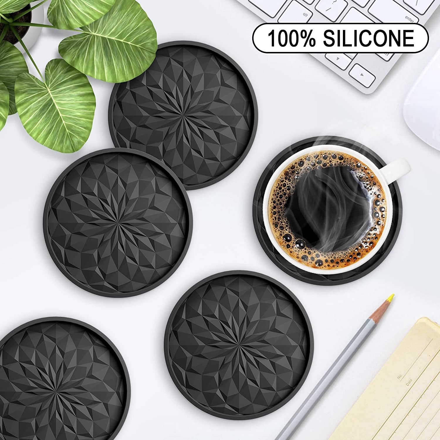 silicone-coasters-with-holder-6-pack-drinking-coasters-cup-mat-for-hot-or-cold-drinks-thickened-non-slip-non-stick-deep-tray-black