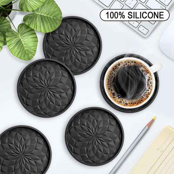 Silicone Coasters with Holder,[6 Pack] Drinking Coasters - Cup Mat for Hot or Cold Drinks, Thickened, Non-Slip, Non-Stick,Deep Tray Black2