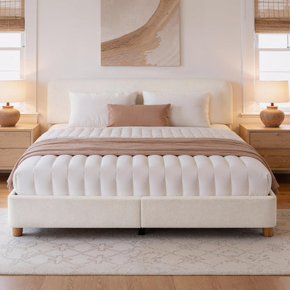 King Size Cloud Bed Frame, Boucle Wood Upholstered Platform Bed, Cream1